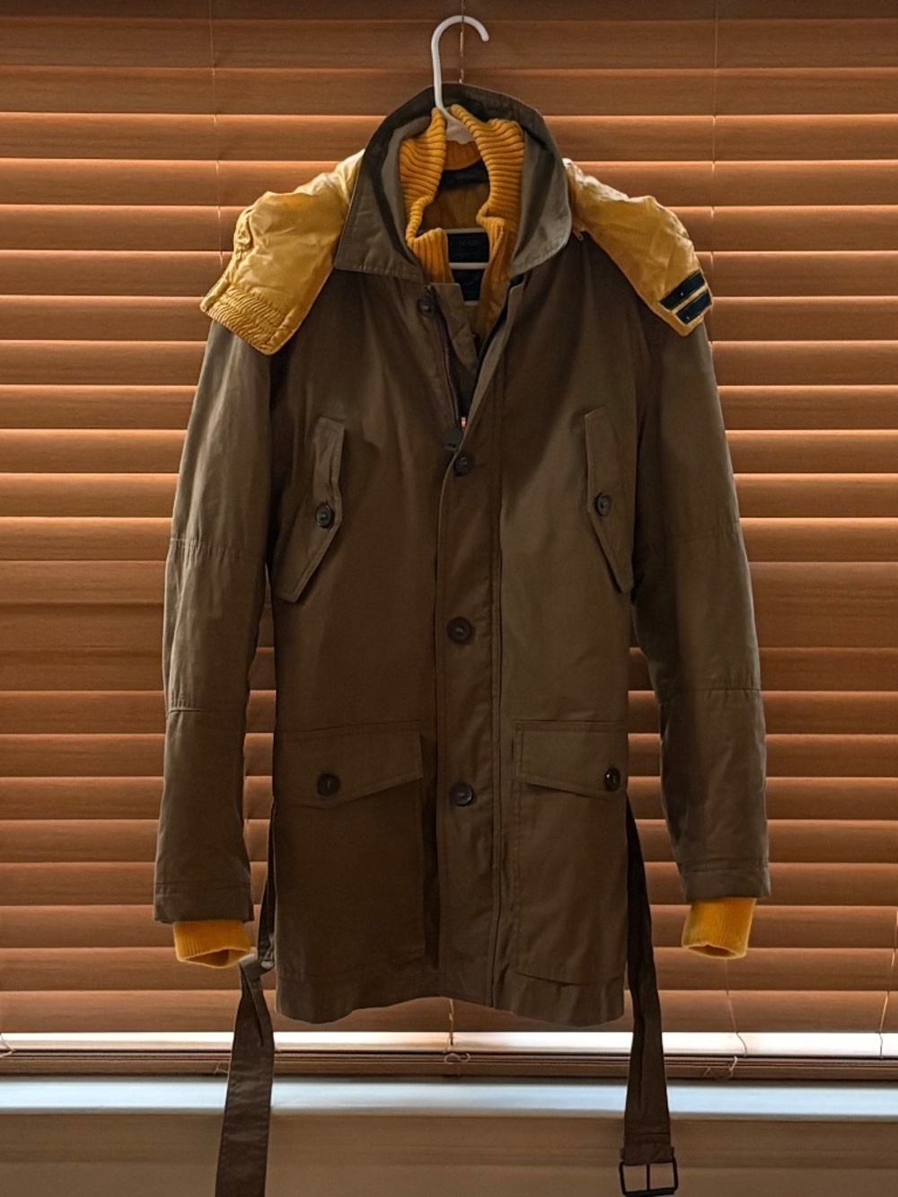 ZARA Man Denim Couture Hooded Parka Jacket Men’s XL Brown Belted Utility Coat